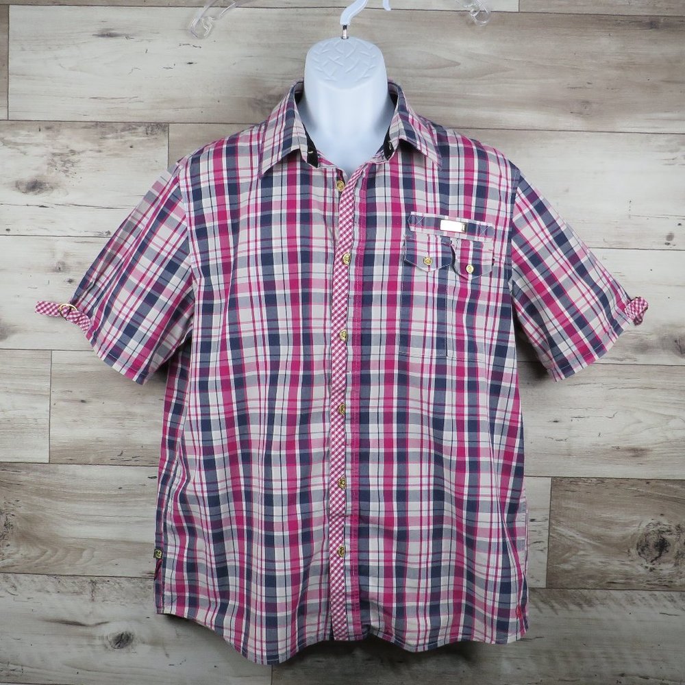 CAVI* Men's Short‎ Sleeve Button Down Curved Hem Plaid Shirt~ Size XL